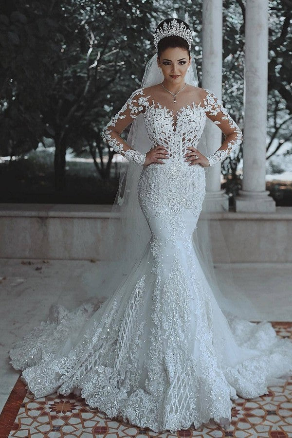 White Long Mermaid Lace Wedding Dresses with Sleeves-showprettydress