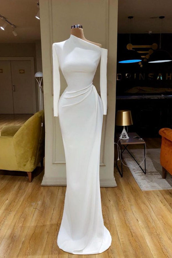 White Long Mermaid Special One Side Neck Evening Dress with Sleeves-showprettydress