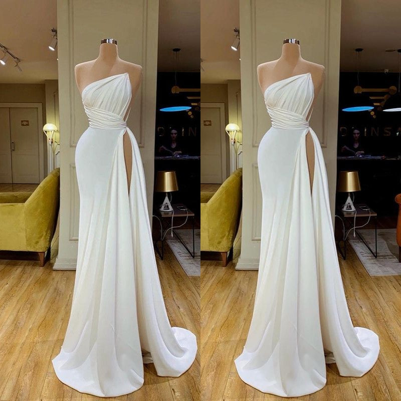 White Long Mermaid Strapless High-split Pleated Prom Dress-showprettydress