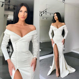 White Long Sleeves Mermaid Evening Dress Off the shoulder Prom Gown with Slit-showprettydress
