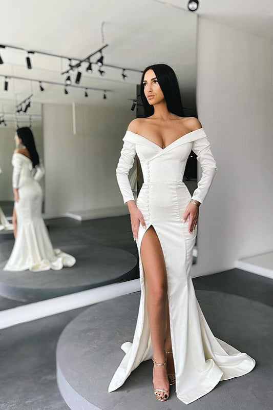 White Long Sleeves Mermaid Evening Dress Off the shoulder Prom Gown with Slit-showprettydress