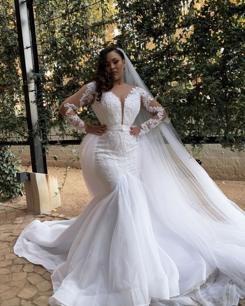 White Long Sleevess Plus size Mermaid Belt Wedding Dresses-showprettydress