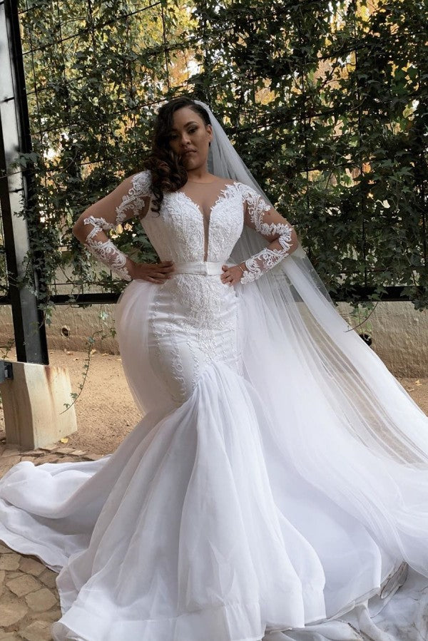 White Long Sleevess Plus size Mermaid Belt Wedding Dresses-showprettydress