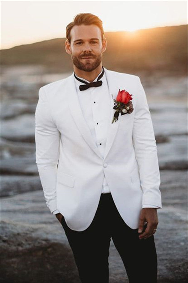 White Mens Wedding Suits Groom Tuxedos Vintage Two Pieces Slim Fit Groomsmen Wear-showprettydress