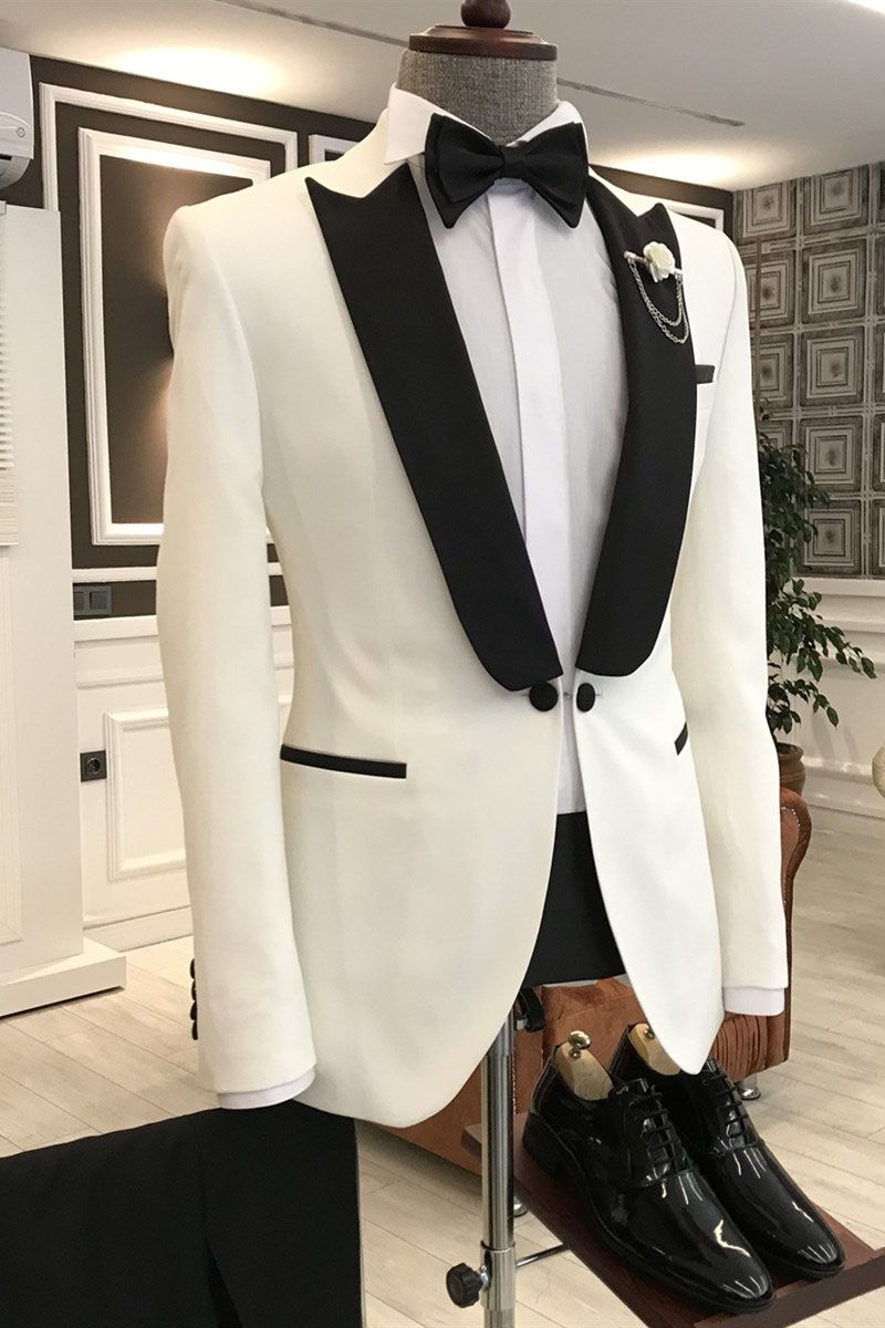 White Mixed Black Peaked Lapel One Button Slim Fit Prom Men Suit ...