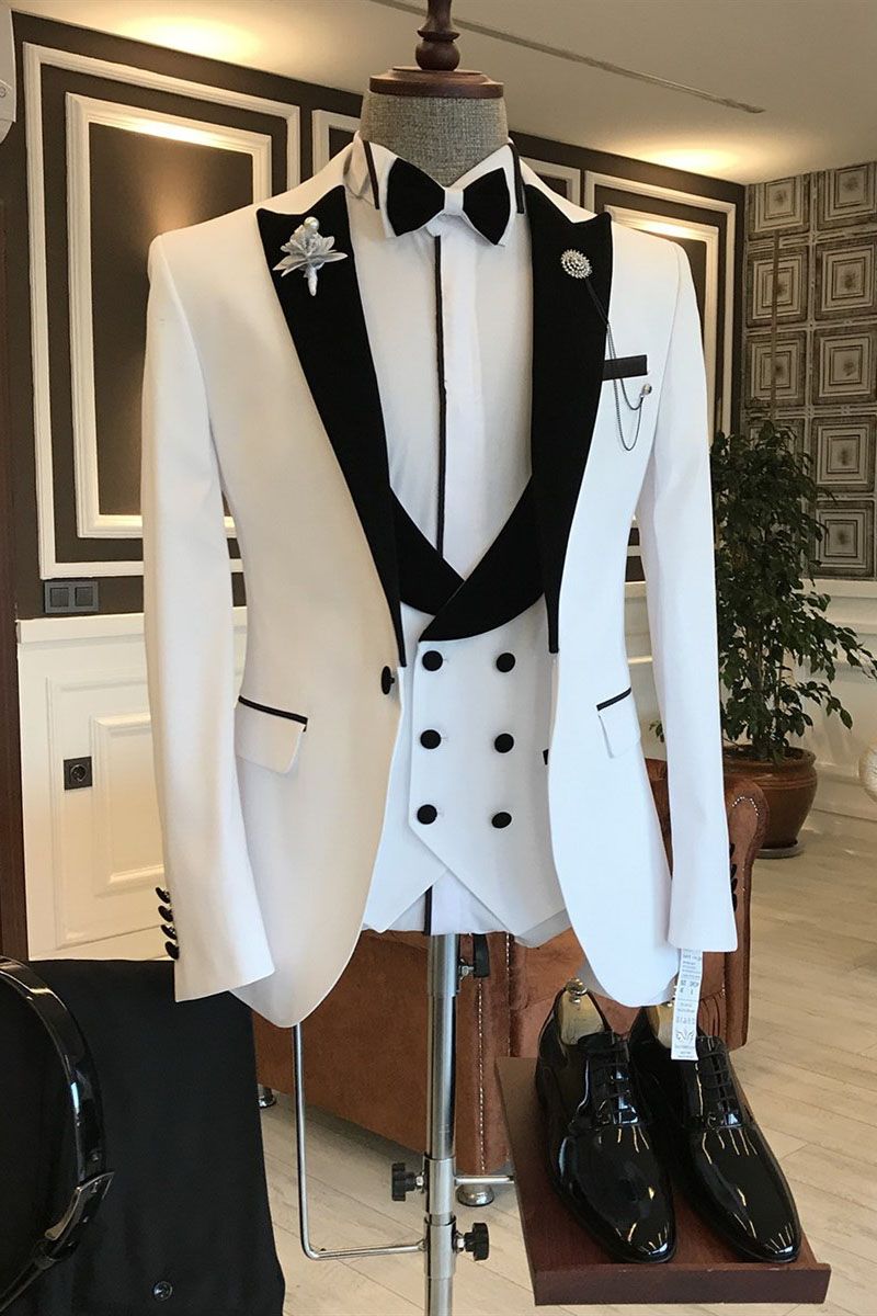 White Mixed Black Peaked Lapel One Button Slim Fit Prom Men Suit-showprettydress