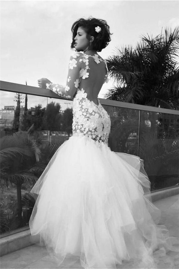 White Modern Mermaid Tulle Long Bridal Gown Long Sleeves Backless Floor Length Wedding Dress-showprettydress