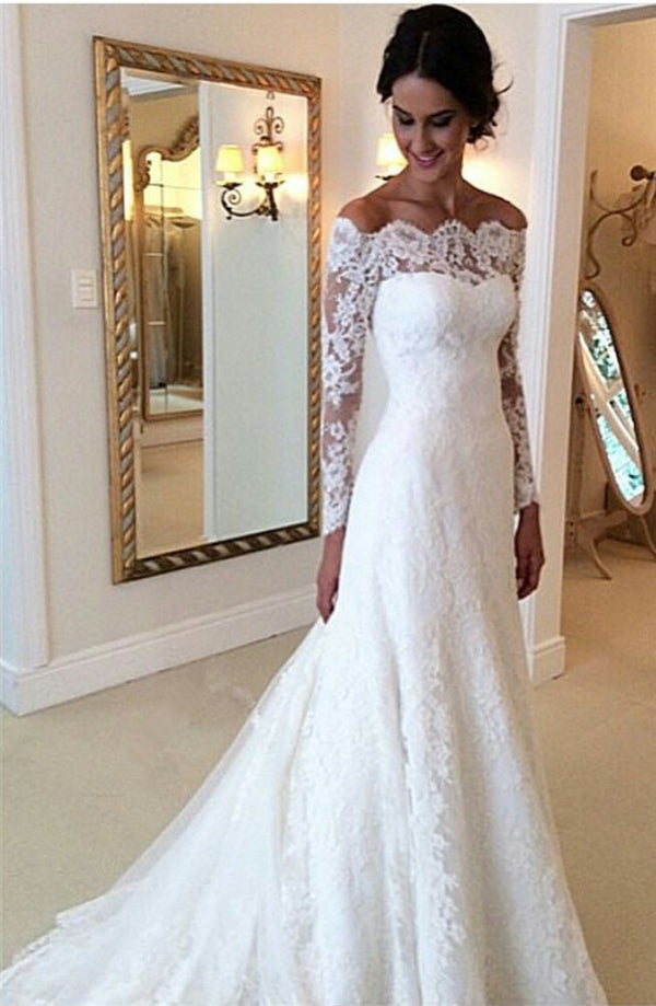 White Off the shoulder Lace Long Sleeves Bridal Gowns Sheath Simple Custom Made Wedding Dresses-showprettydress