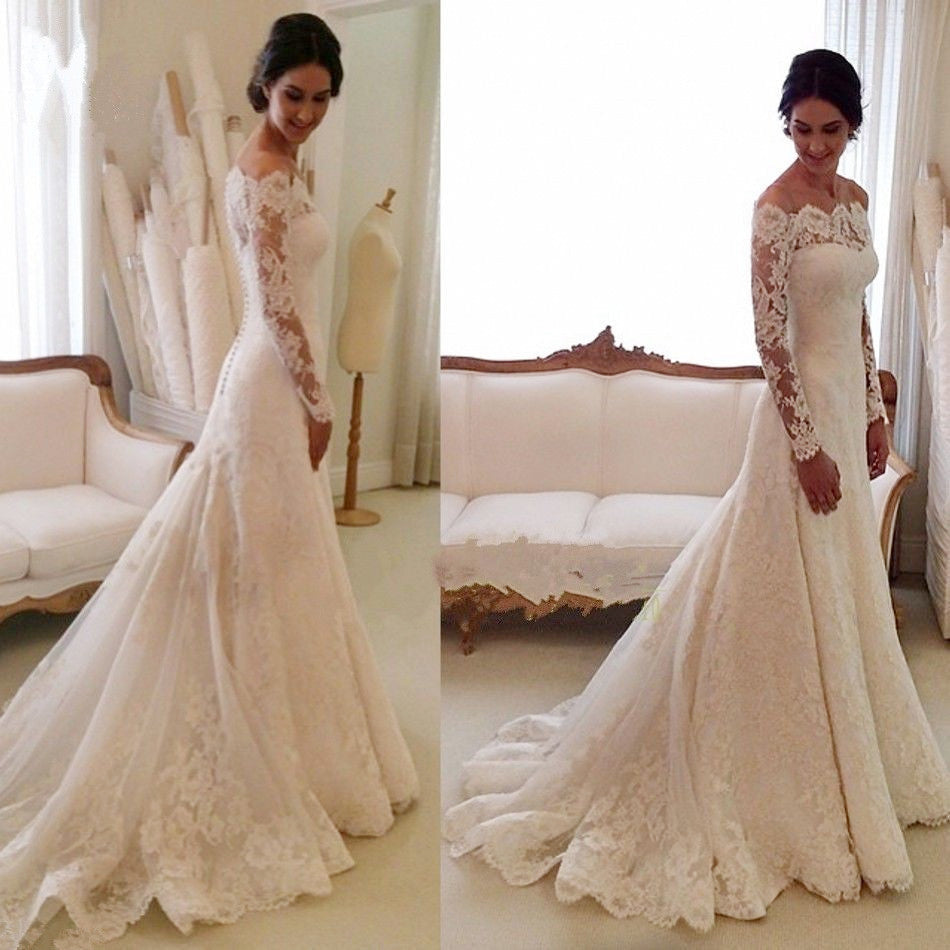 White Off the shoulder Lace Long Sleeves Bridal Gowns Sheath Simple Custom Made Wedding Dresses-showprettydress