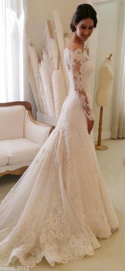 White Off the shoulder Lace Long Sleeves Bridal Gowns Sheath Simple Custom Made Wedding Dresses-showprettydress