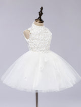 White Pageant Tutu Dress With Lace Flower Applique flower girl dress-showprettydress