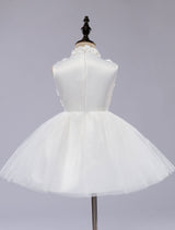White Pageant Tutu Dress With Lace Flower Applique flower girl dress-showprettydress
