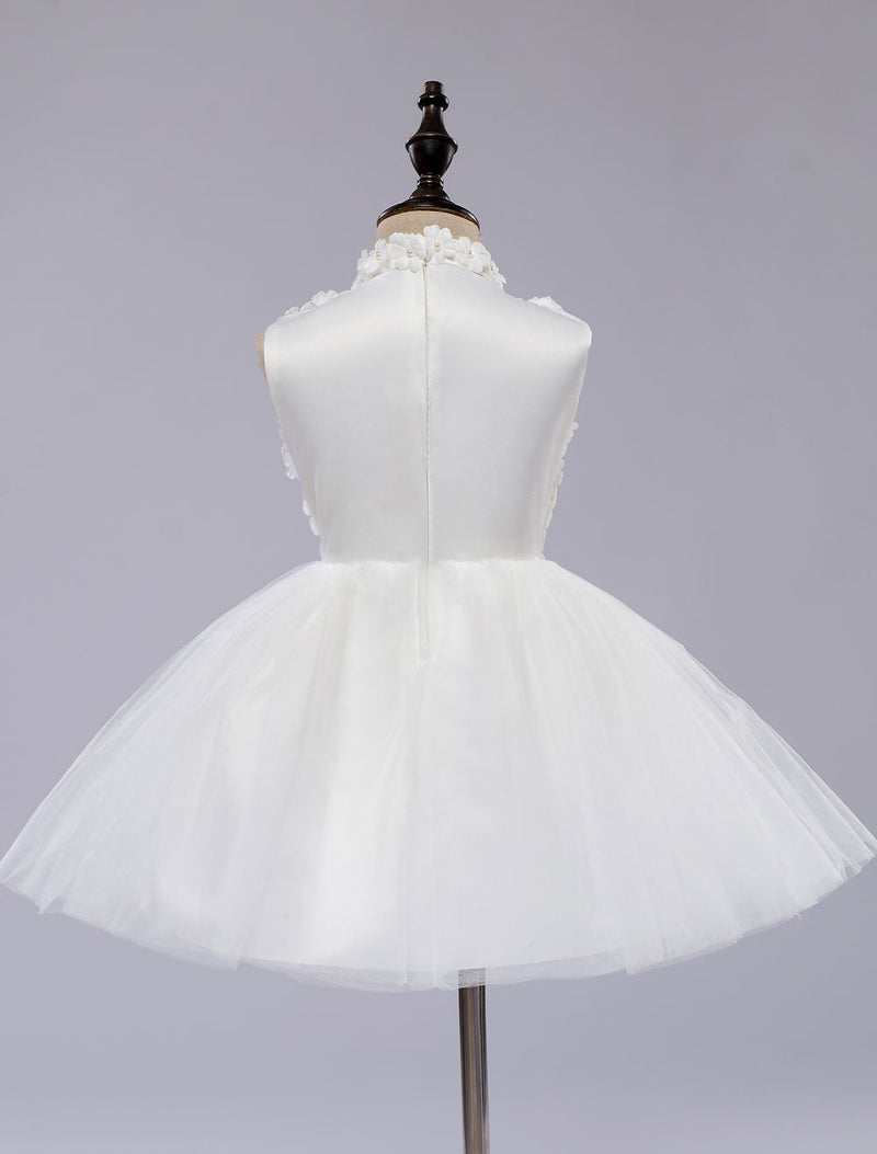 White Pageant Tutu Dress With Lace Flower Applique flower girl dress-showprettydress