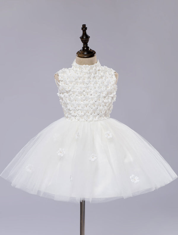 White Pageant Tutu Dress With Lace Flower Applique flower girl dress-showprettydress