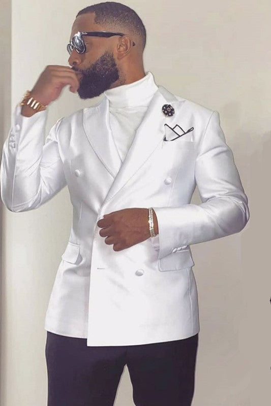 White Peaked Lapel Double Breasted Wedding Groom Suits-showprettydress