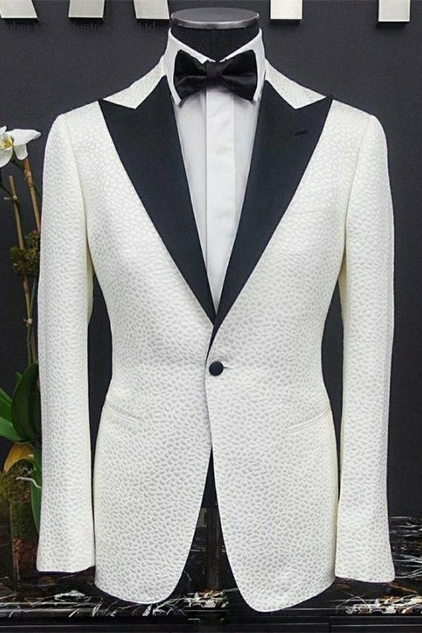White Peaked Lapel One Button Slim Fit Wedding Groom Suits-showprettydress