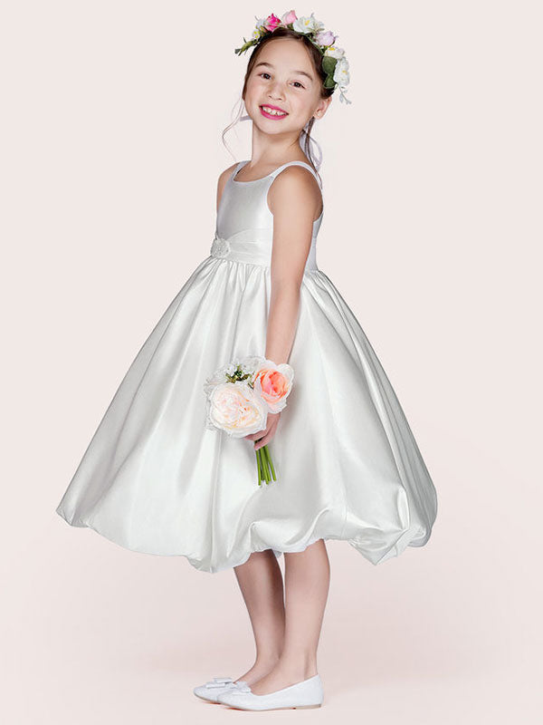 White Satin Fabric Jewel Neck Sleeveless Beaded Formal Kids Pageant flower girl dresses-showprettydress