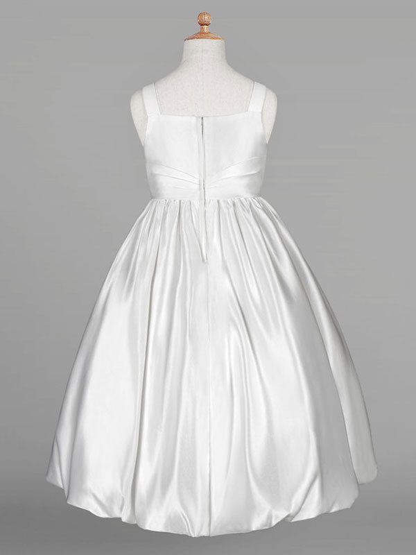 White Satin Fabric Jewel Neck Sleeveless Beaded Formal Kids Pageant flower girl dresses-showprettydress