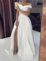 White Silky Off the shoulder High split Princess Wedding Dress-showprettydress