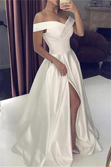 White Silky Off the shoulder High split Princess Wedding Dress-showprettydress