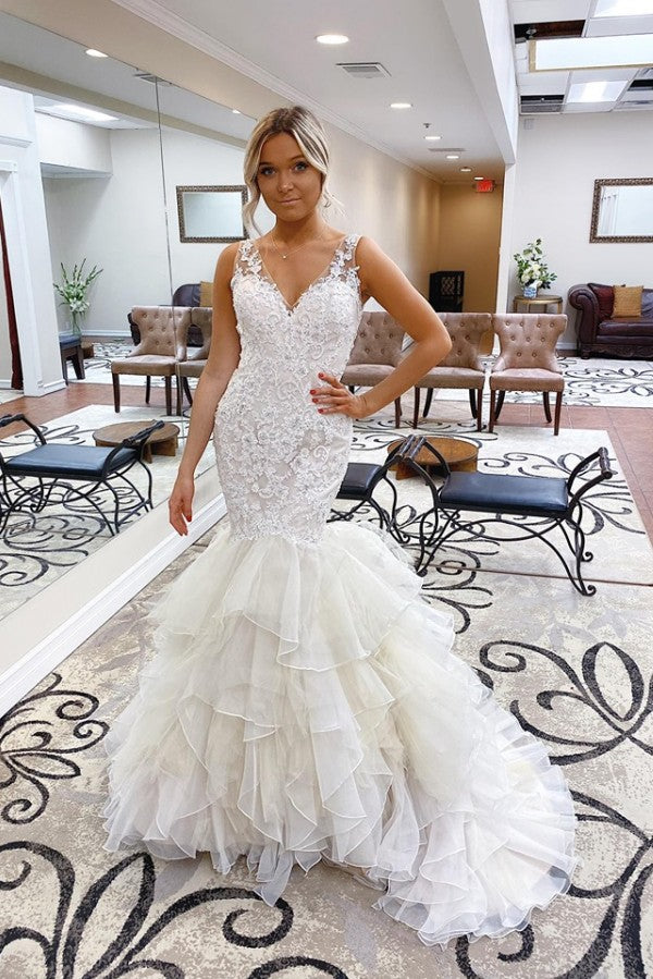 White Sleeveless V neck Wedding Dress with multi layers train-showprettydress