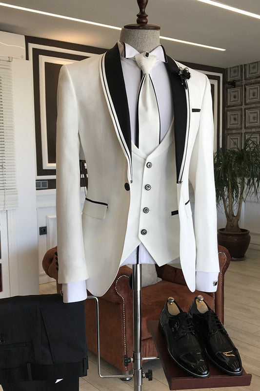 White Slim Fit Bespoke Wedding Men Suits with Black Shawl Lapel-showprettydress