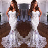White Sweetheart Neck Sheer Lace Appliques Mermaid Wedding Dresses-showprettydress