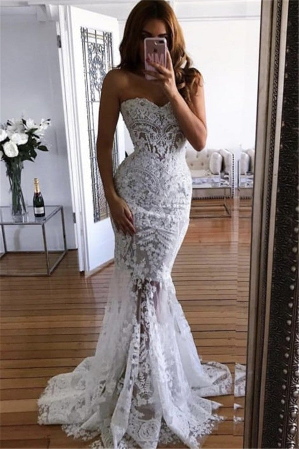 White Sweetheart Neck Sheer Lace Appliques Mermaid Wedding Dresses-showprettydress