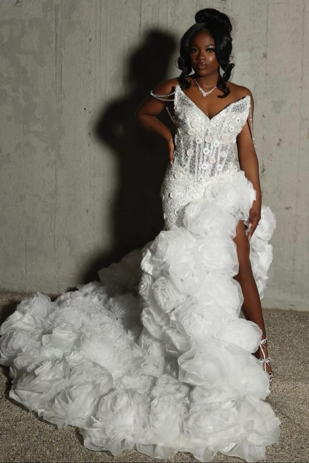 White Sweetheart Sheath Organza Side Slit Flowers Prom Dresses-showprettydress