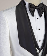 White Three-pieces Jacaquard Wedding Groom Suits with Black Shawl Lapel-showprettydress