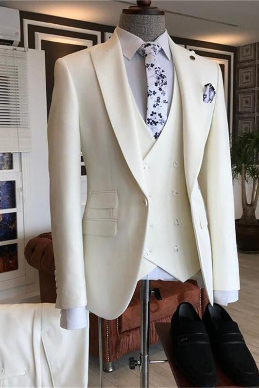 White Three Pieces Peaked Lapel Bespoke Men Suits for Wedding-showprettydress