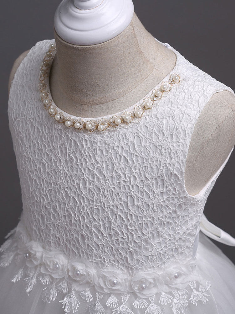 White Tutu Kids Dinner Party Dresses Lace Applique Pearls Tassels Princess Social Dresses-showprettydress