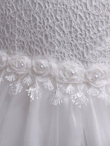 White Tutu Kids Dinner Party Dresses Lace Applique Pearls Tassels Princess Social Dresses-showprettydress