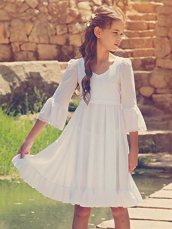 White V-Neck Long Sleeves Formal Kids Pageant flower girl dresses-showprettydress