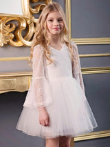 White V-Neck Long Sleeves Polyester Kids Social Party Dresses-showprettydress