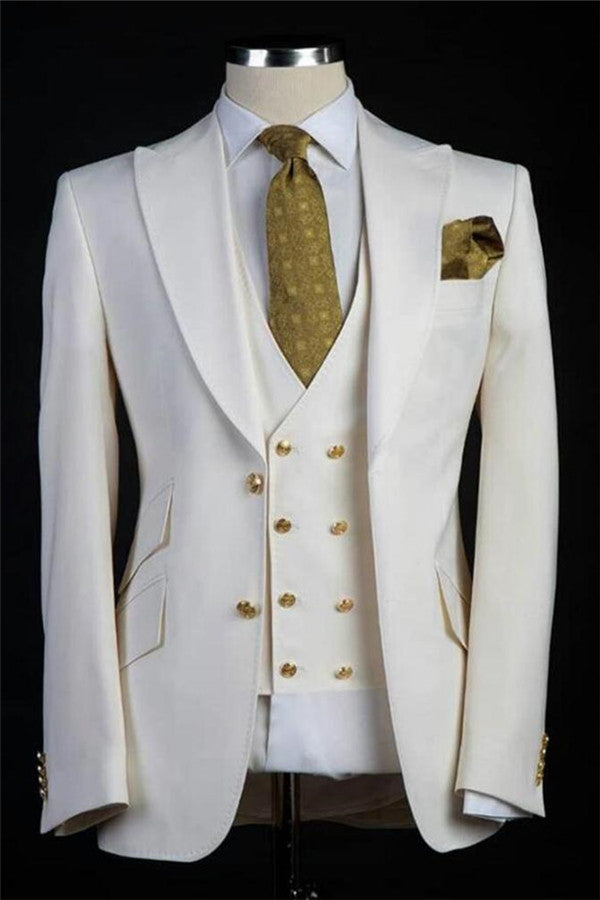 White Wedding Groom Suits Bespoke Gold Buttons Tuxedos for Men Three-pieces-showprettydress