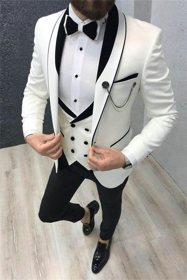 White Wedding Tuxedos with Black Lapel Groom Suits for Men Three-pieces-showprettydress