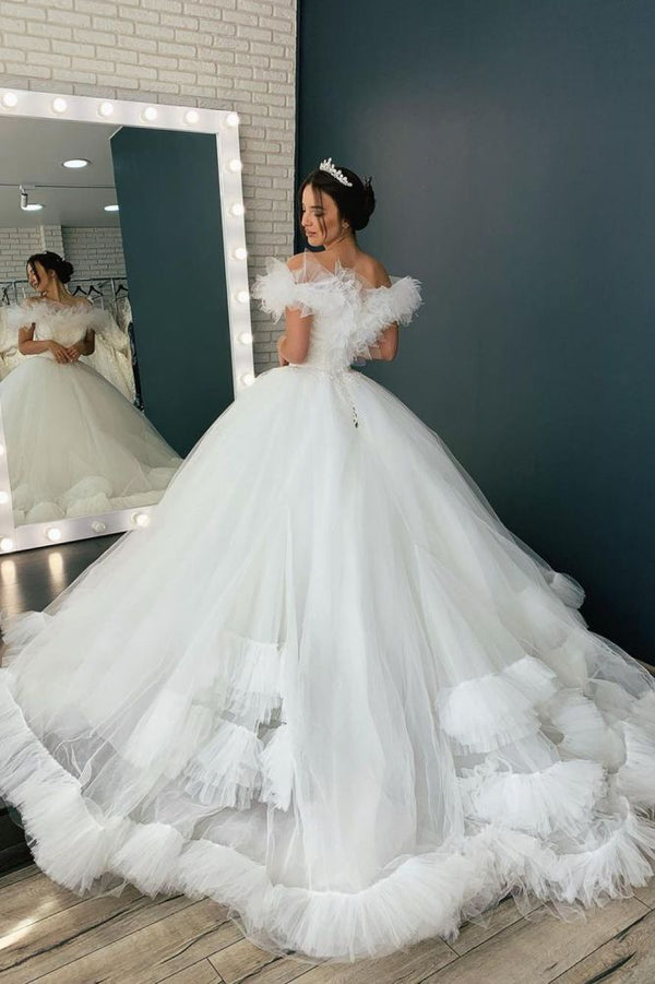 White/Ivory Off the Shoulder Puffy Tulle Lace Ball Gown Princess Bridal Gown-showprettydress