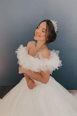 White/Ivory Off the Shoulder Puffy Tulle Lace Ball Gown Princess Bridal Gown-showprettydress