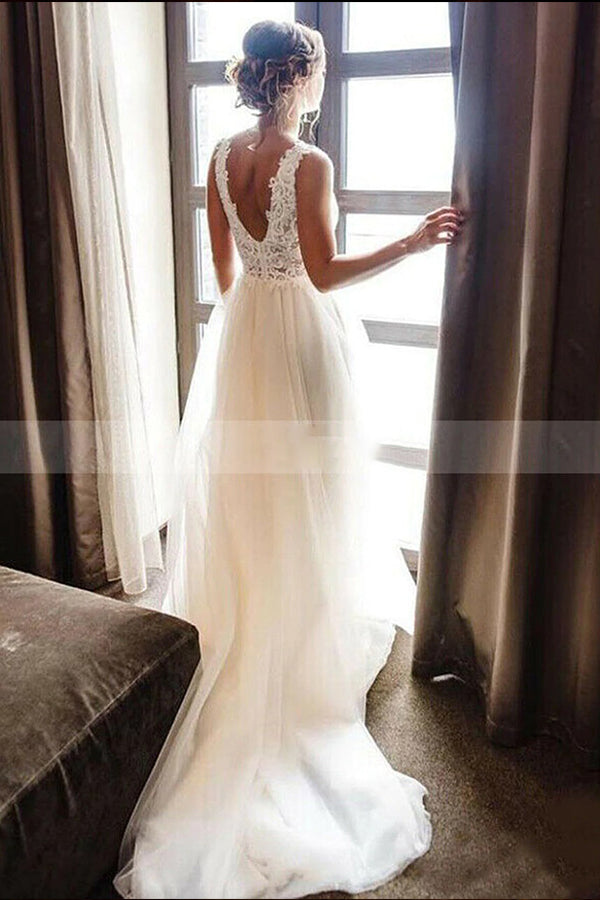 White/Ivory V Neck Lace Tulle Bridal Dress Aline Beach Wedding Dress-showprettydress
