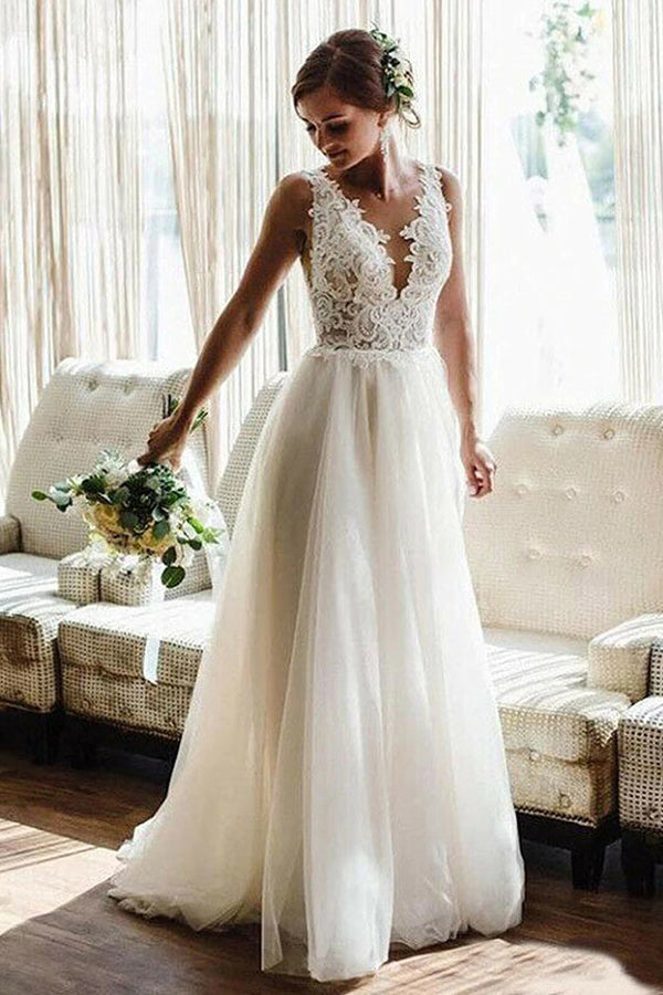 White/Ivory V Neck Lace Tulle Bridal Dress Aline Beach Wedding Dress-showprettydress