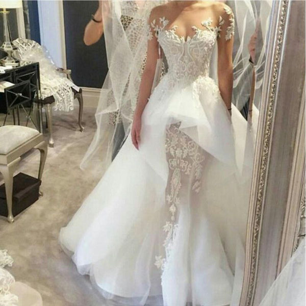 Wholesale Fit and Flare Tulle Lace Wedding Dresses Short Sleeves Court Train Bridal Gown-showprettydress