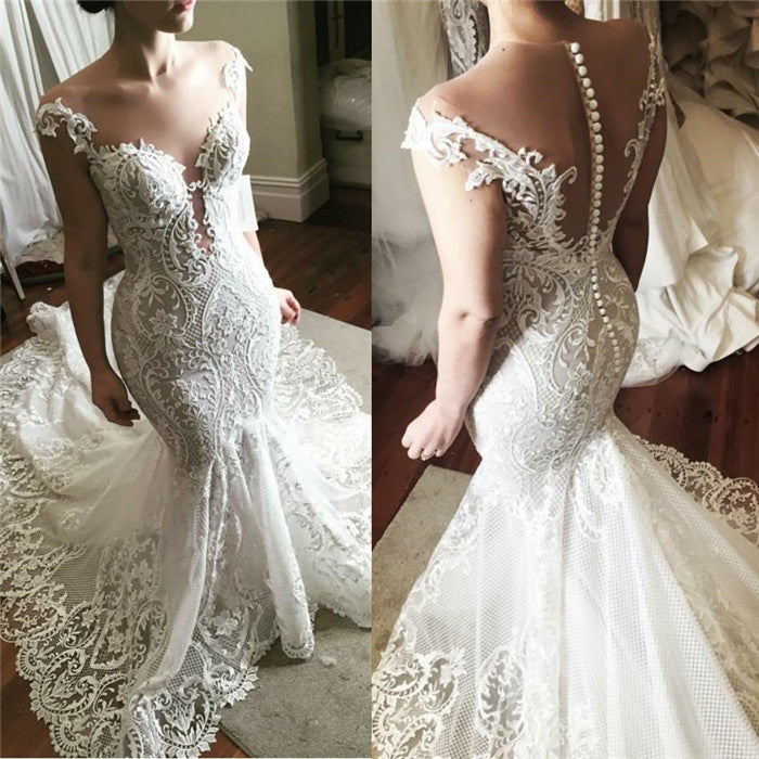 Wholesale Lace Fit and Flare Wedding Dress Glamorous Sheer Tulle Bridal Gowns with Buttons-showprettydress