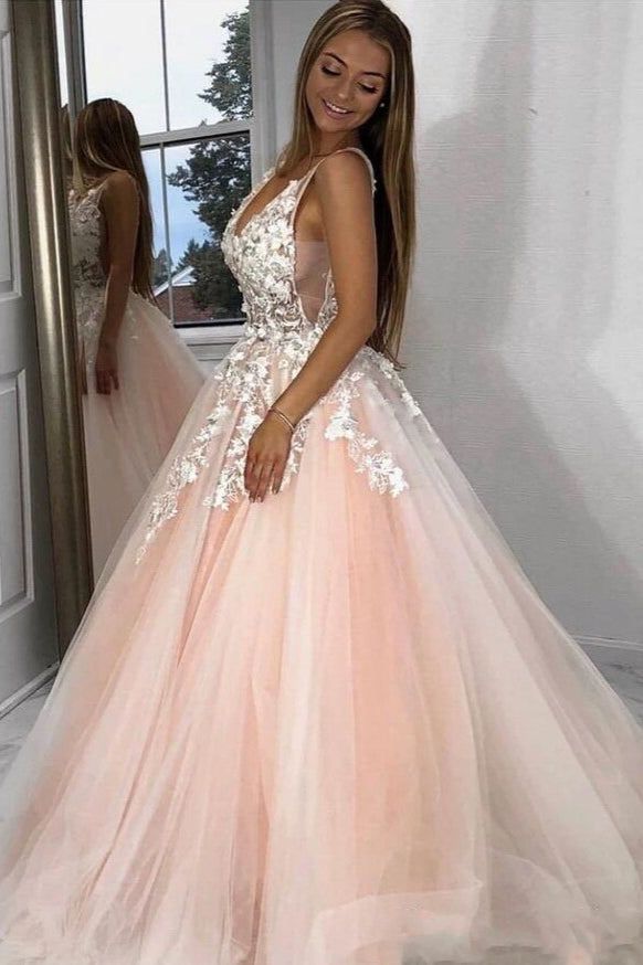 Wide Straps V-neck Tulle Pink Prom Dress Applique Long-showprettydress