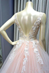 Wide Straps V-neck Tulle Pink Prom Dress Applique Long-showprettydress