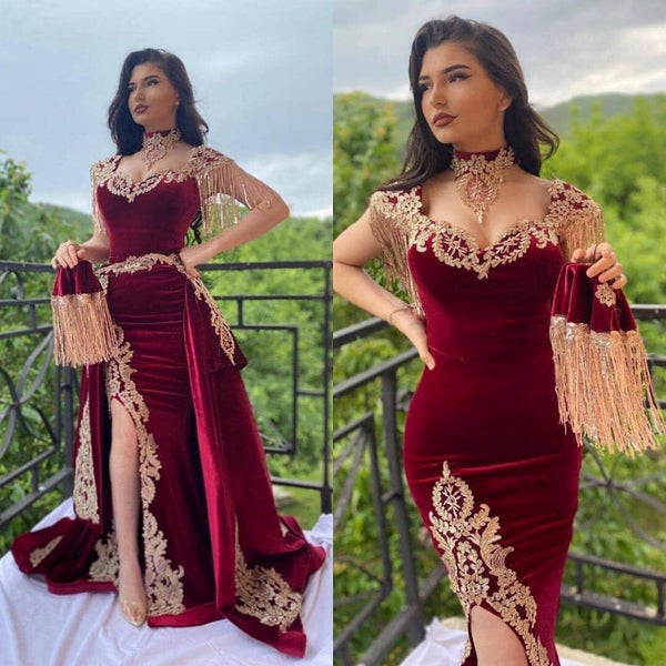 Wine red evening dresses long Yellow Floral Appliques Velvet evening wear-showprettydress