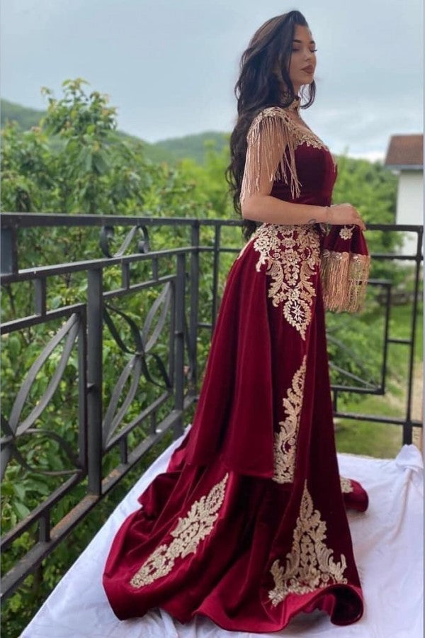 Wine red evening dresses long Yellow Floral Appliques Velvet evening wear-showprettydress