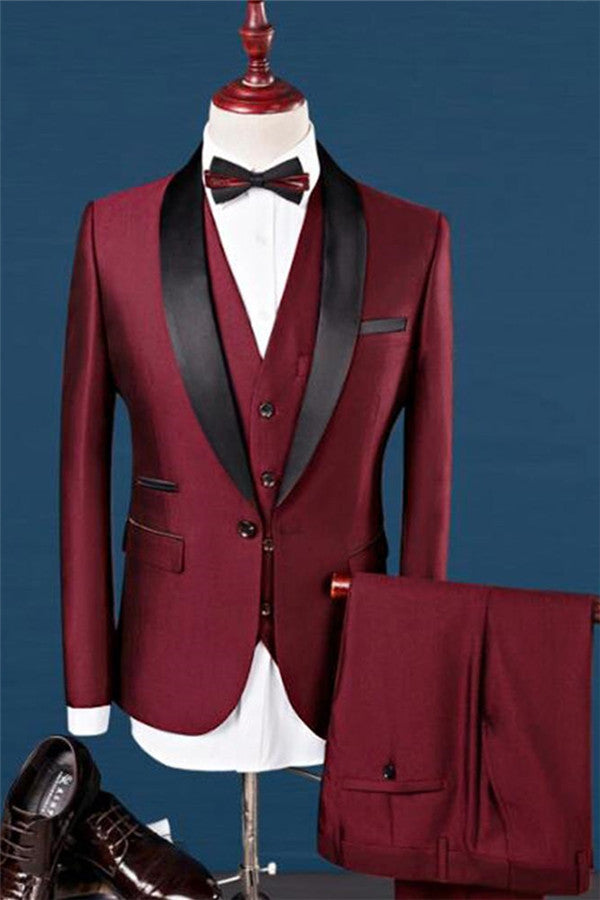 Wine Red Shawl Lapel Wedding Tuxedos Dress Men's Prom Suits 3 Pieces-showprettydress