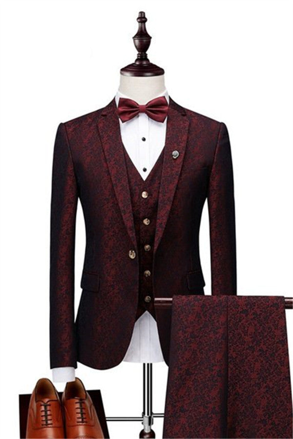 Wine Ruby Notched Laple Prom Suits for Men Bespoke Three Pieces Jacquard Tuxedo-showprettydress