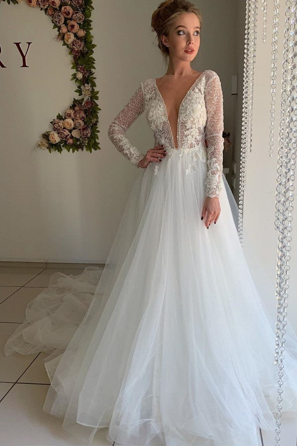Winter Warm Long Sleevess V neck White Tulle Princess Wedding Dress-showprettydress